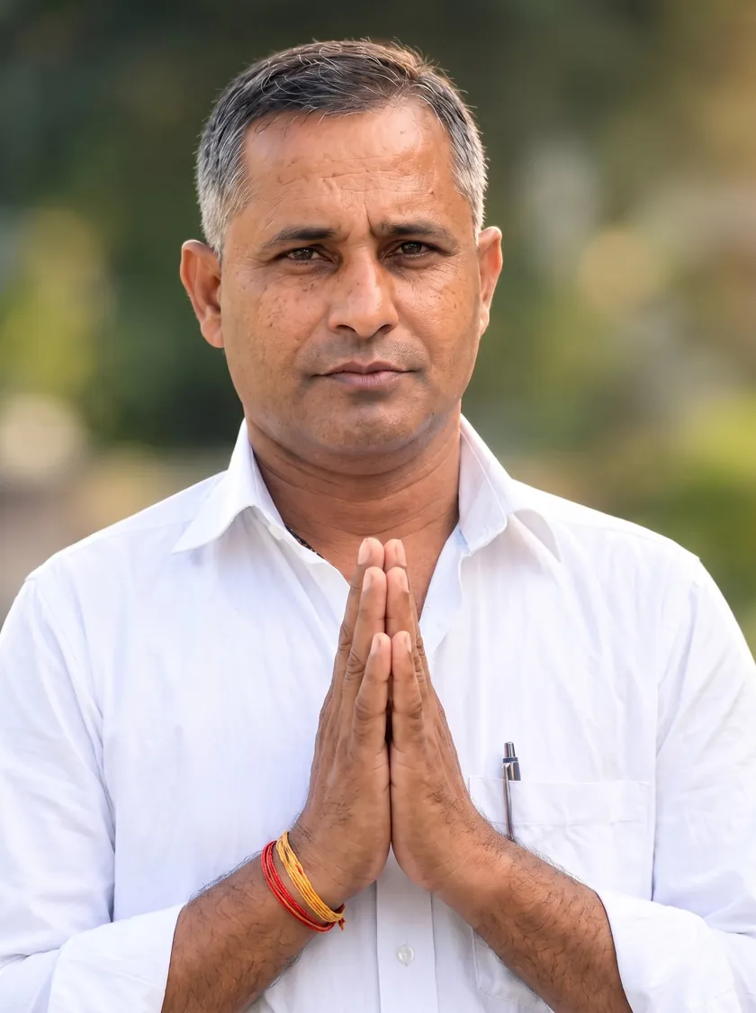 हाथ जोड़कर अभिवादन करते हनुमानराम पटेल, सफ़ेद कमीज़ में